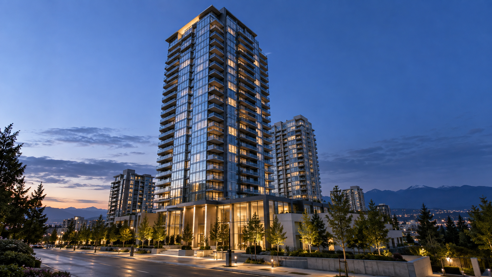 Modern condominium towers at blue hour